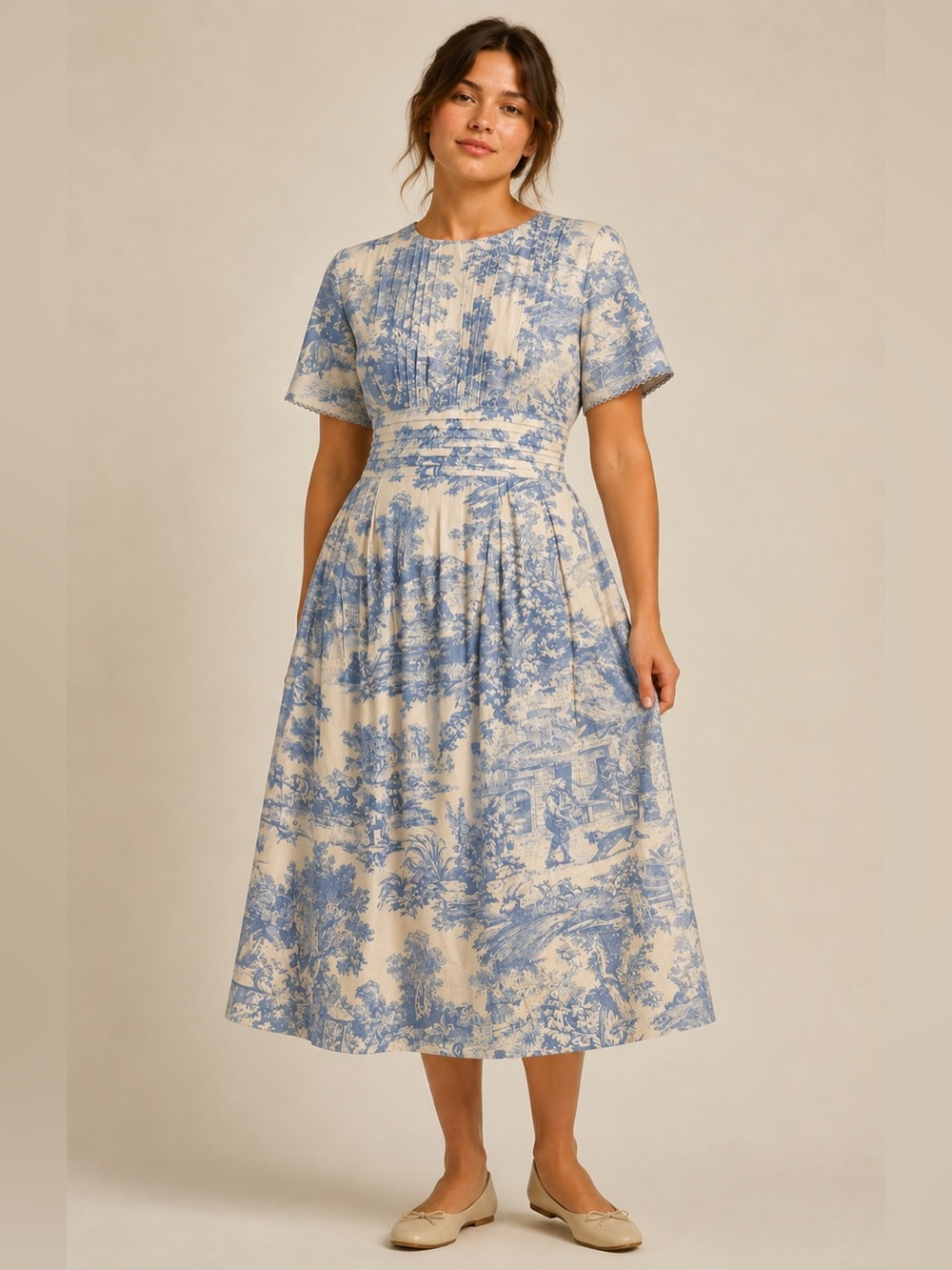 Vintage . Sarah Elizabeth Blue and Cream Toile Dress